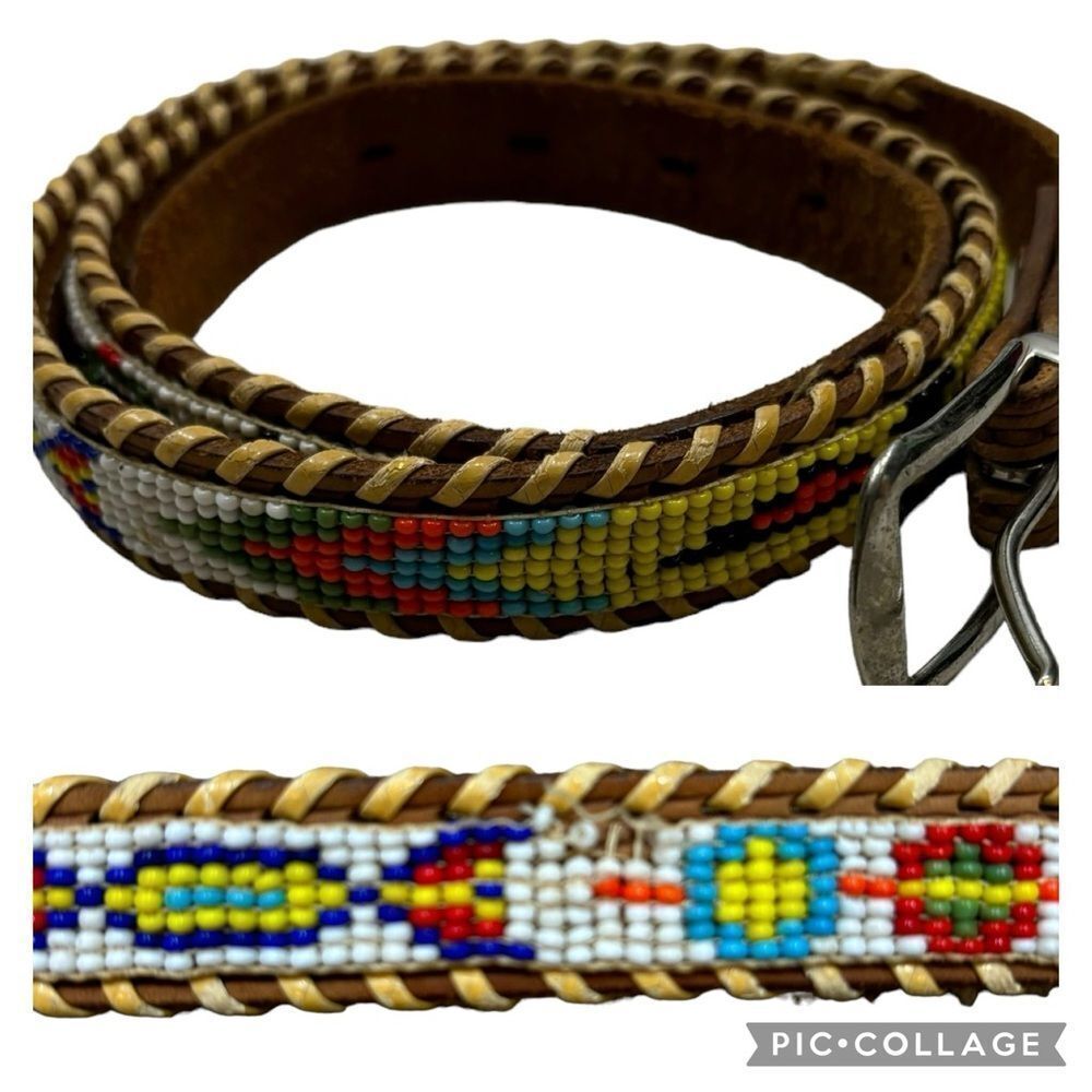 Vintage Leather and Bead Native American Style Belt Size 34